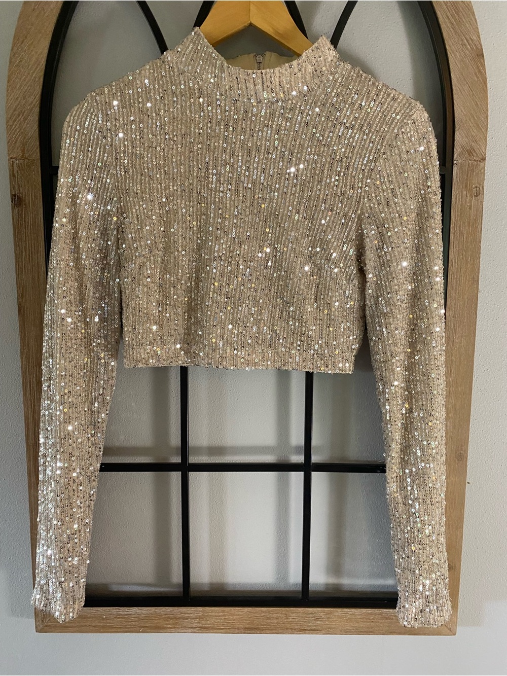 Lulus Small Sequin Ribbed Crop Long-Sleeve Top- Champagne